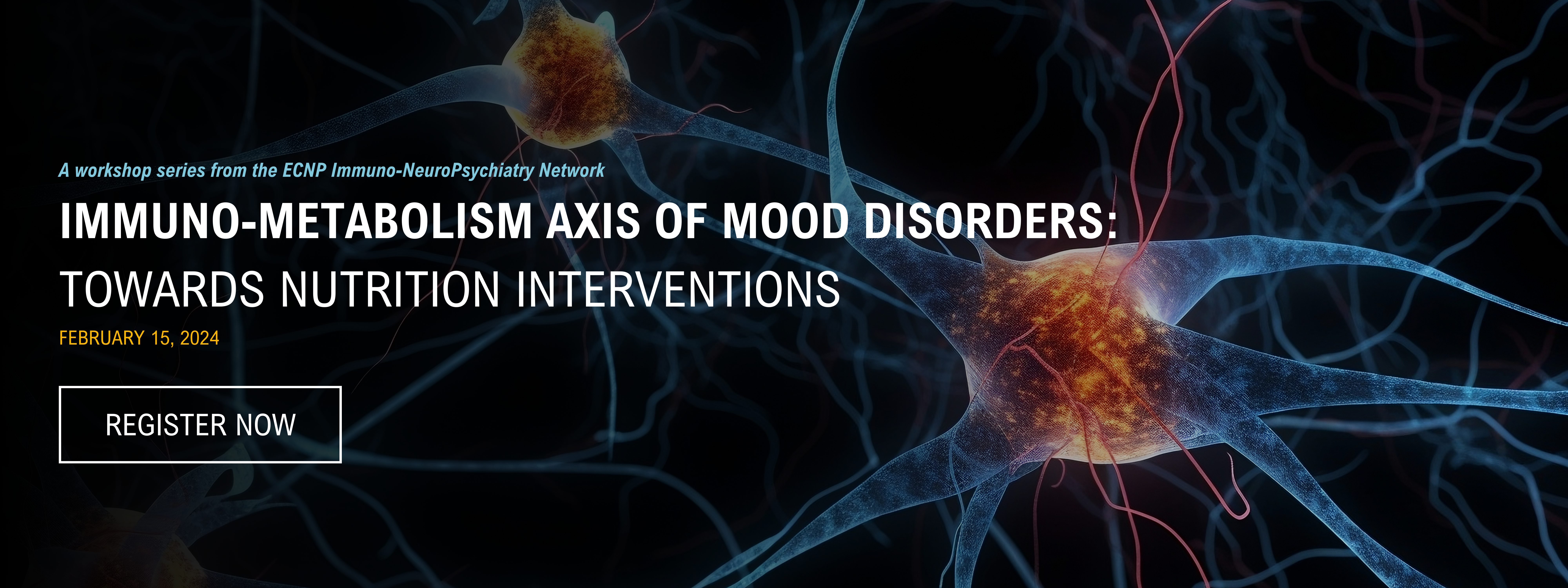Image reads: Immuno-Metabolism Axis of Mood Disorders:<br />
Towards Nutrition Interventions. Taking place on February 15, 2023.
