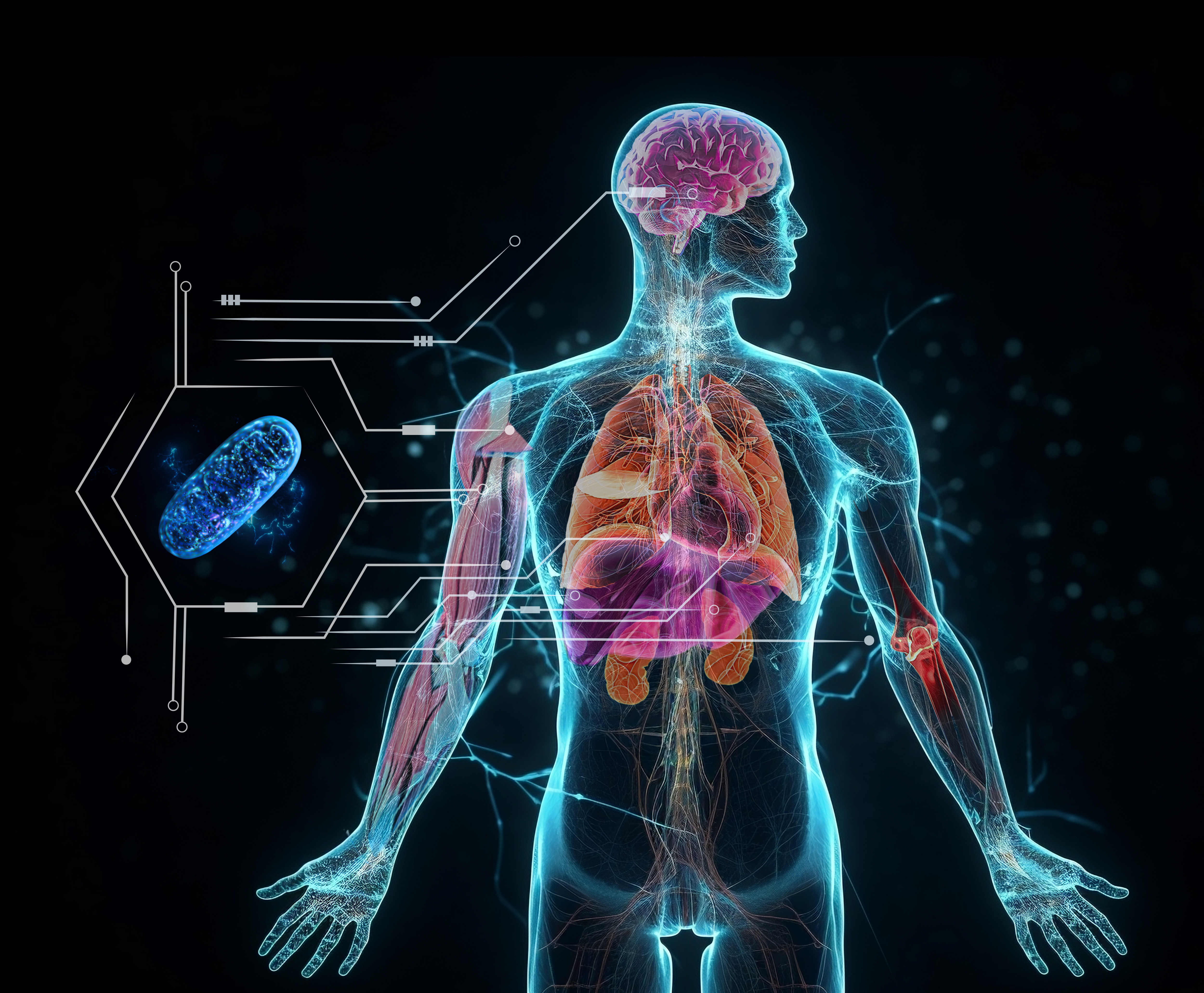 Image of futuristic human with highlighted organs: muscle, joint, brain, lungs, heart, liver, and kidneys. Mitchondria indicated to be transplanted to these organs